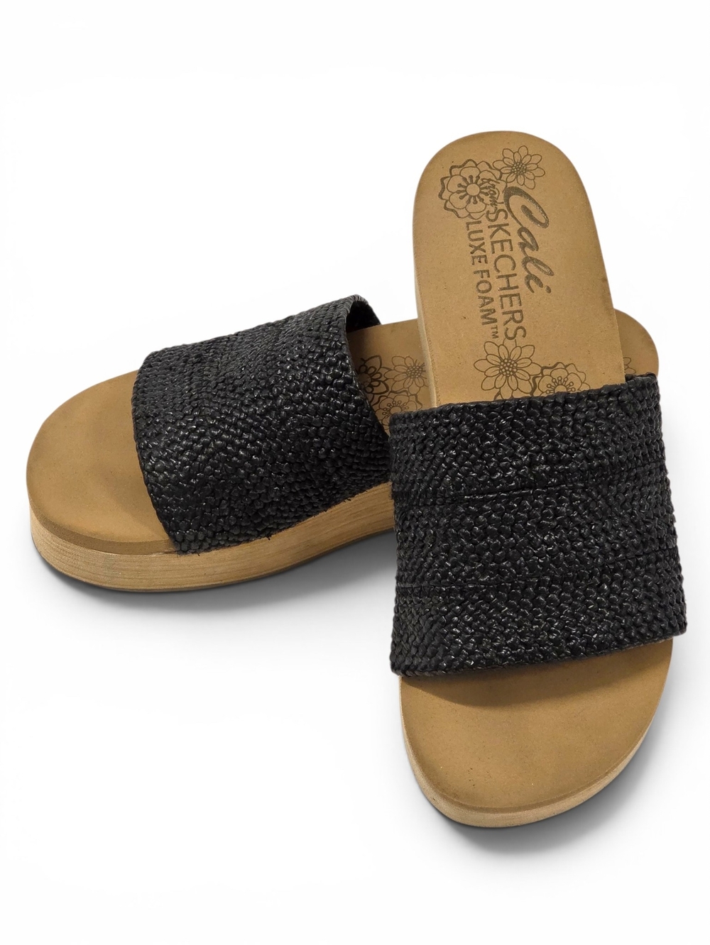 Cali from Skechers Luxe Foam Black Woven Wedge Sandals - Size 8 EUC